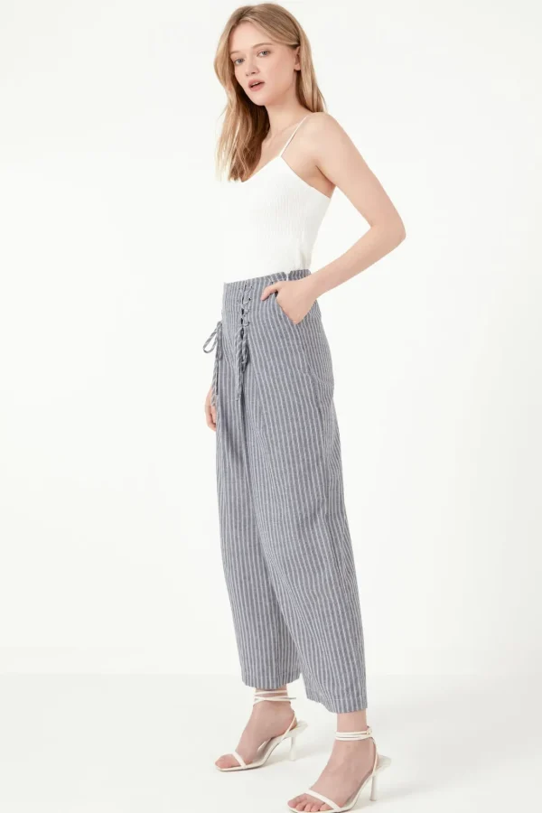 FREE THE ROSES Pants*- Striped Lace-up Pants NAVY