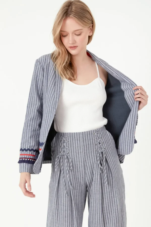 FREE THE ROSES Pants*- Striped Lace-up Pants NAVY