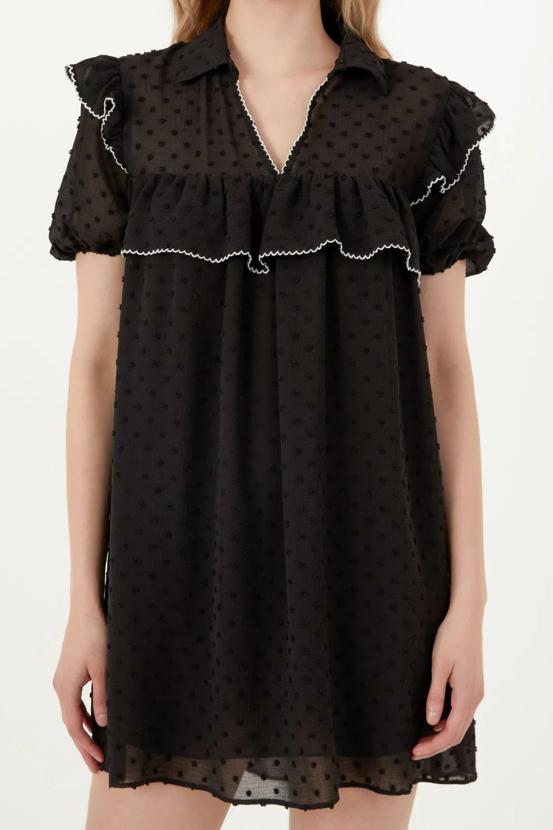 free_the_roses___swiss_do_0.webp FREE THE ROSES Little Black Dress | Tops*- Swiss Dot Mini Dress with Ruffle Detail BLACK