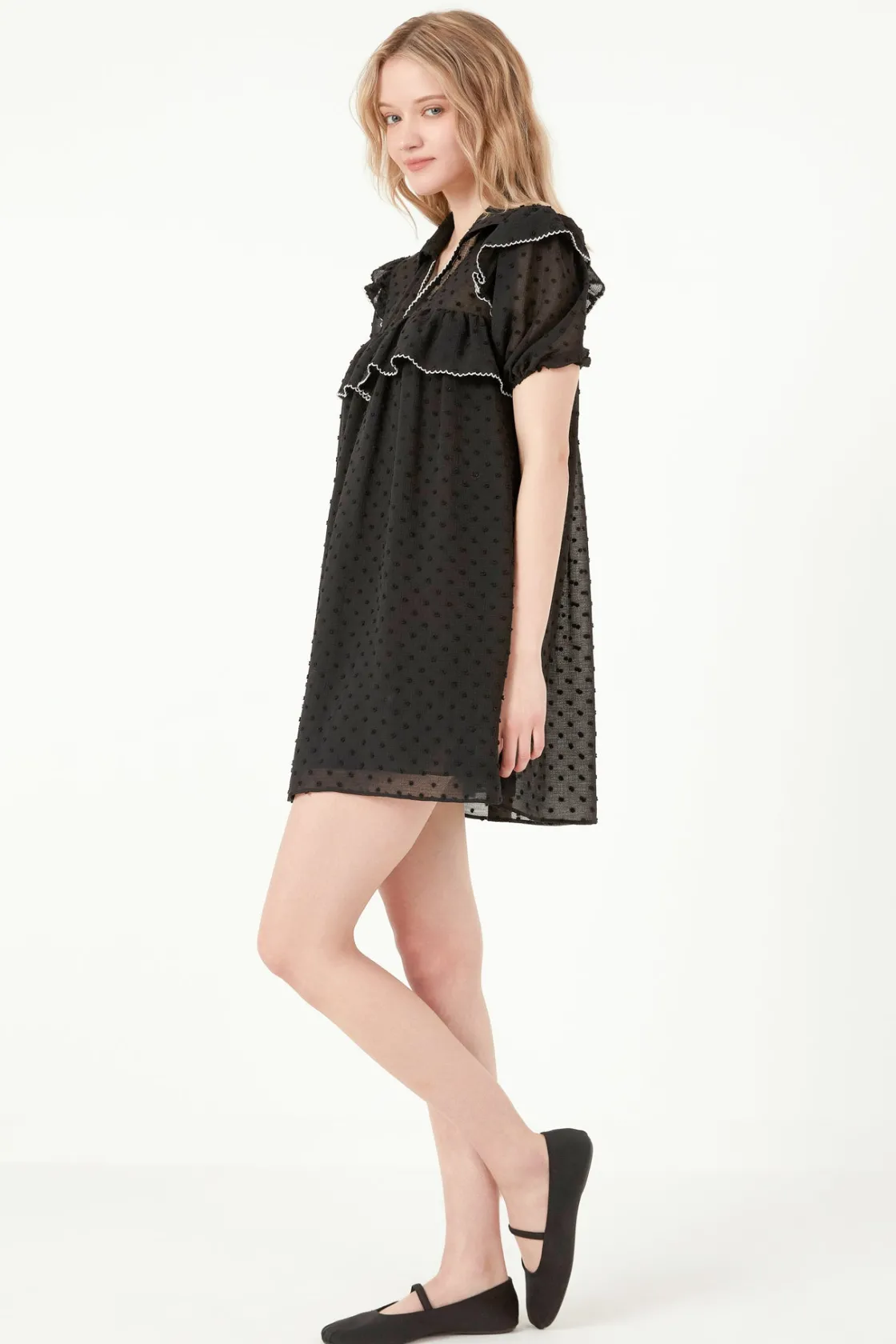 free_the_roses___swiss_do_1.webp FREE THE ROSES Little Black Dress | Tops*- Swiss Dot Mini Dress with Ruffle Detail BLACK