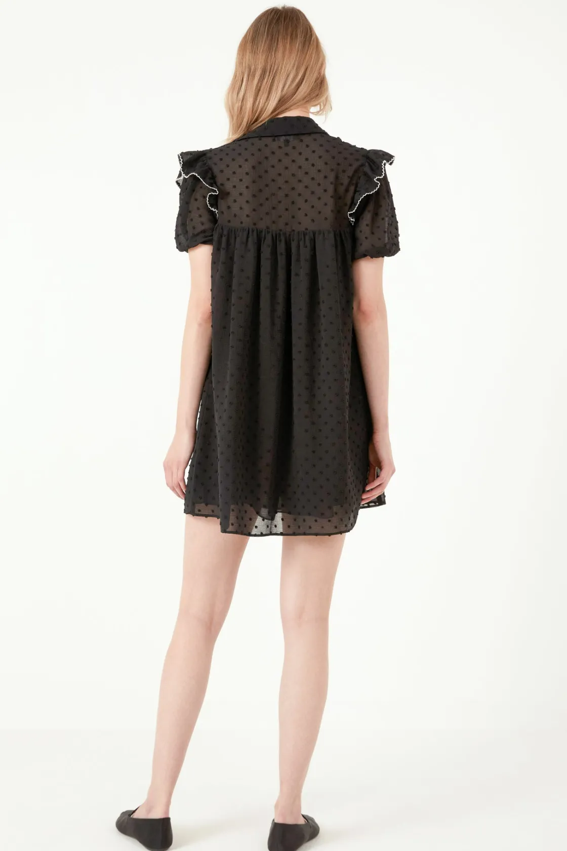 free_the_roses___swiss_do_2.webp FREE THE ROSES Little Black Dress | Tops*- Swiss Dot Mini Dress with Ruffle Detail BLACK