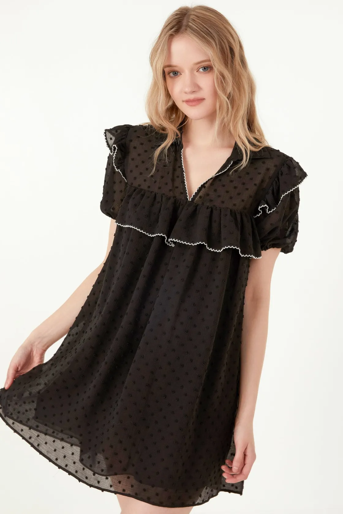 free_the_roses___swiss_do_3.webp FREE THE ROSES Little Black Dress | Tops*- Swiss Dot Mini Dress with Ruffle Detail BLACK