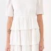 FREE THE ROSES White Dresses | Puff Sleeve*- Texture Tiered Dress WHITE