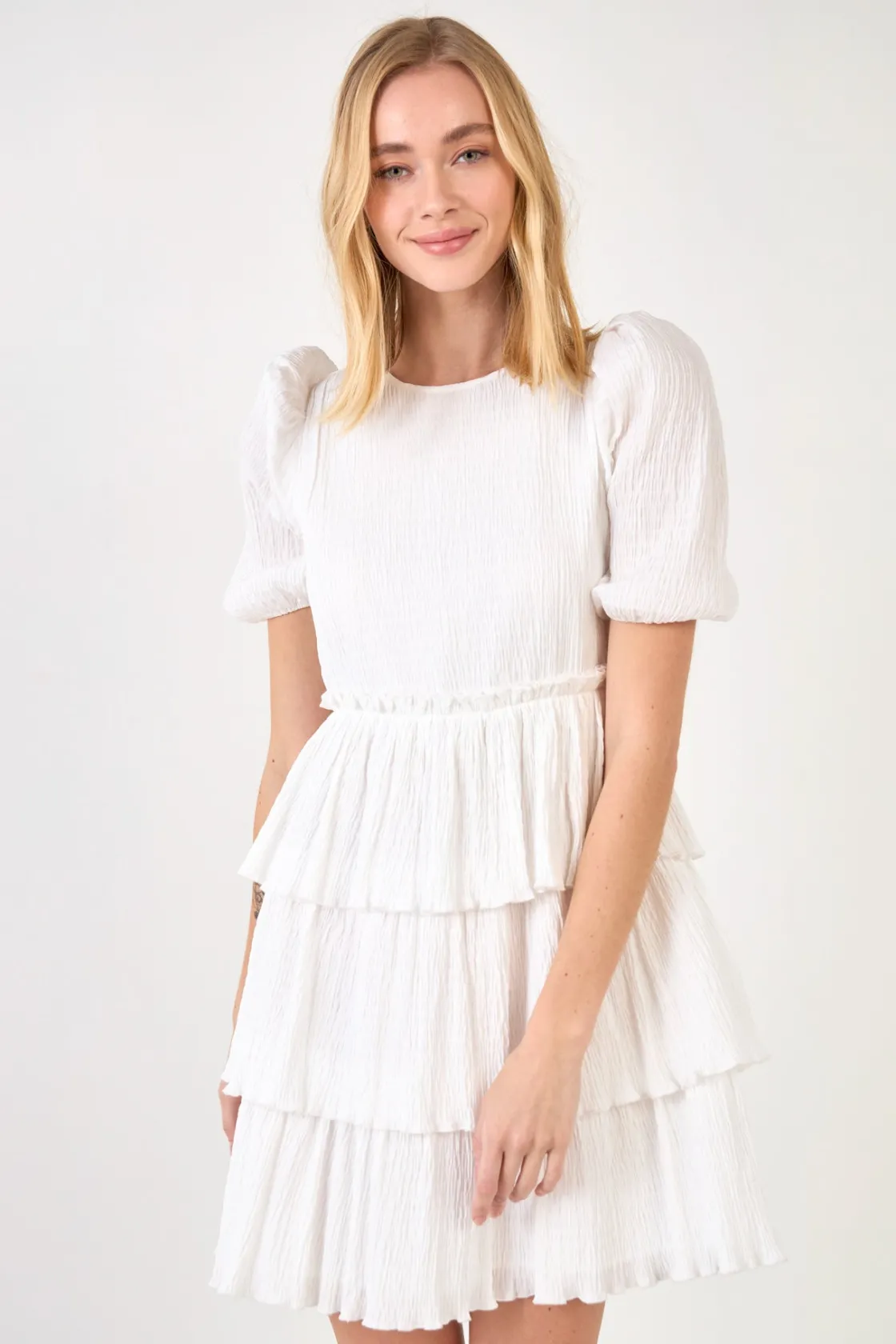free_the_roses___texture__3-1.webp FREE THE ROSES White Dresses | Puff Sleeve*- Texture Tiered Dress WHITE