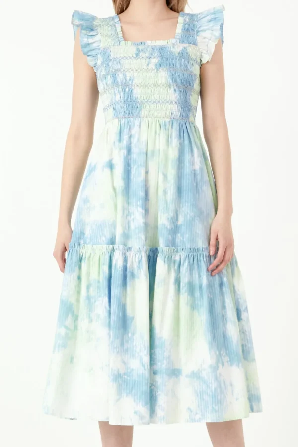 FREE THE ROSES Tops*- Tie-dye Smocked Detail Midi Dress MULTI
