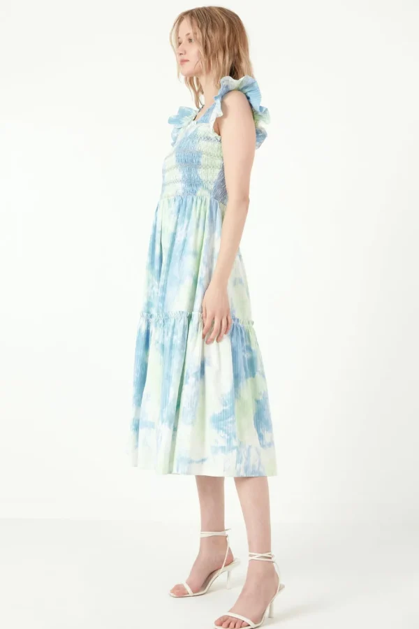 FREE THE ROSES Tops*- Tie-dye Smocked Detail Midi Dress MULTI