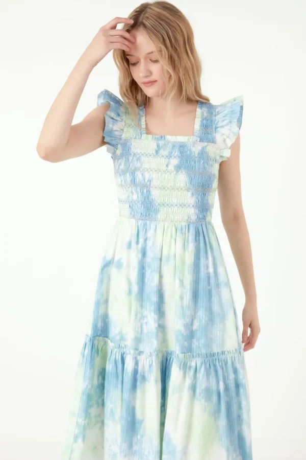 FREE THE ROSES Tops*- Tie-dye Smocked Detail Midi Dress MULTI