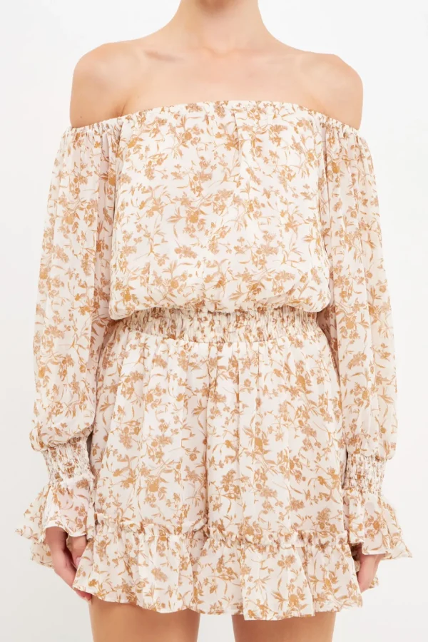 FREE THE ROSES Tops*- Baroque Chiffon Floral Long Sleeve Romper IVORYMULTI