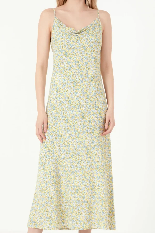 FREE THE ROSES Tops*- Cowl Neckline Floral Midi Dress BLUEMULTI