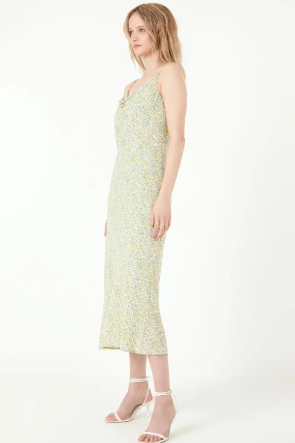 FREE THE ROSES Tops*- Cowl Neckline Floral Midi Dress BLUEMULTI