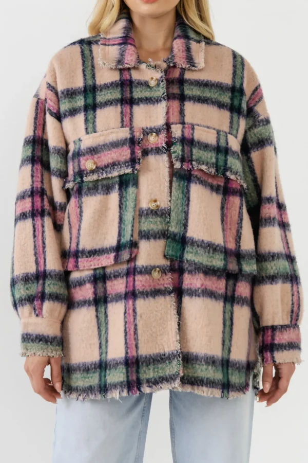 FREE THE ROSES Jackets & Coats | Tops*- Oversized Plaid Coat with Raw Edges BLUSH