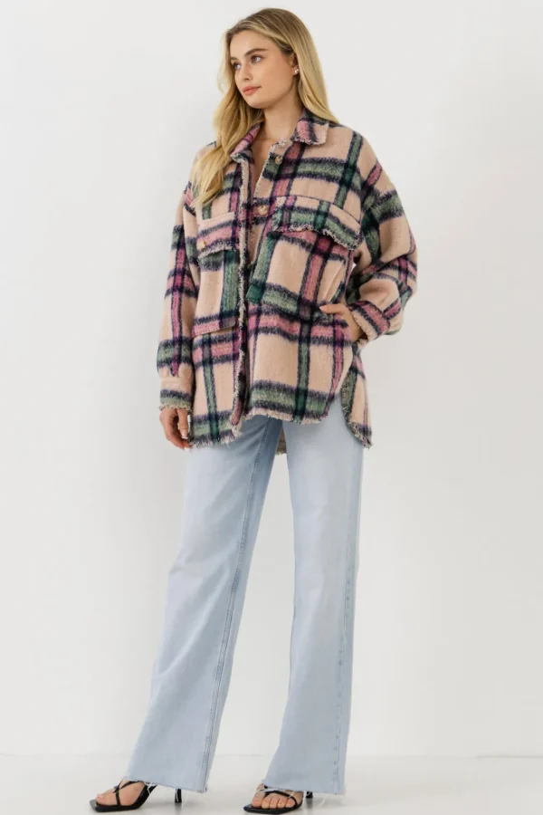FREE THE ROSES Jackets & Coats | Tops*- Oversized Plaid Coat with Raw Edges BLUSH