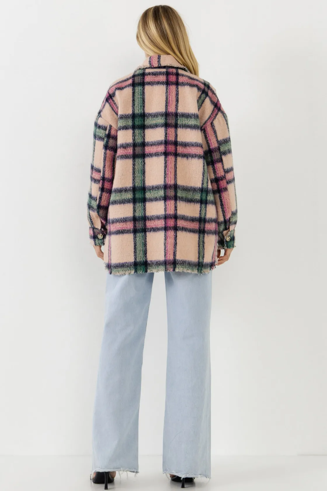 free_the_roses__oversized_2.webp FREE THE ROSES Jackets & Coats | Tops*- Oversized Plaid Coat with Raw Edges BLUSH