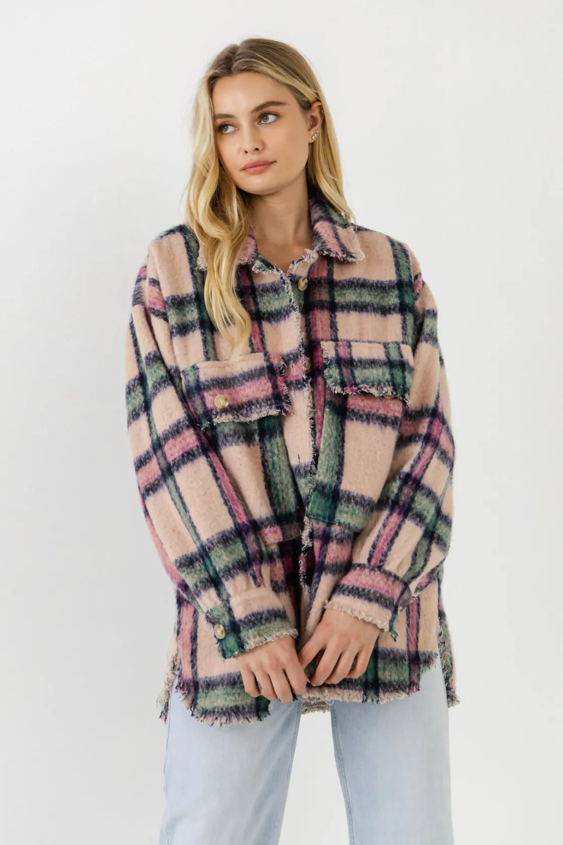 free_the_roses__oversized_3.webp FREE THE ROSES Jackets & Coats | Tops*- Oversized Plaid Coat with Raw Edges BLUSH