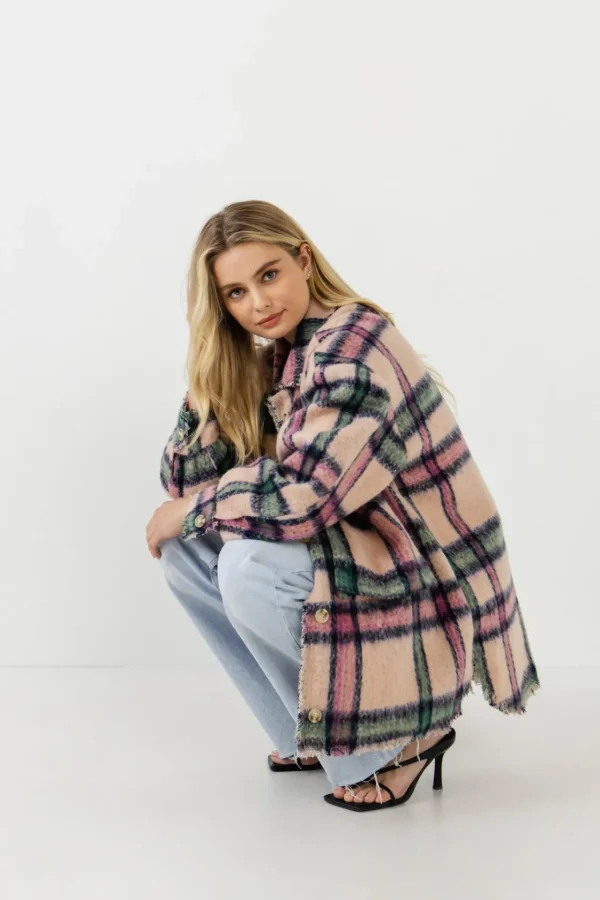 FREE THE ROSES Jackets & Coats | Tops*- Oversized Plaid Coat with Raw Edges BLUSH