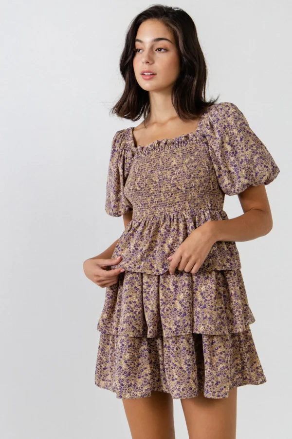 FREE THE ROSES Boho Dresses | Tops*- Puff Sleeve Ruffled Mini Dress BEIGE