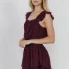 FREE THE ROSES Tops*- Ruffled Hem Romper BURGUNDY