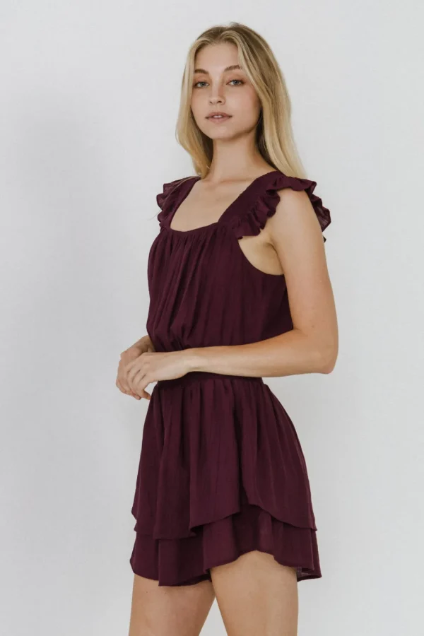 FREE THE ROSES Tops*- Ruffled Hem Romper BURGUNDY