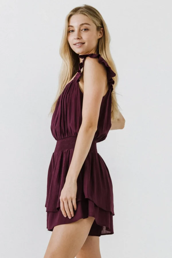 FREE THE ROSES Tops*- Ruffled Hem Romper BURGUNDY
