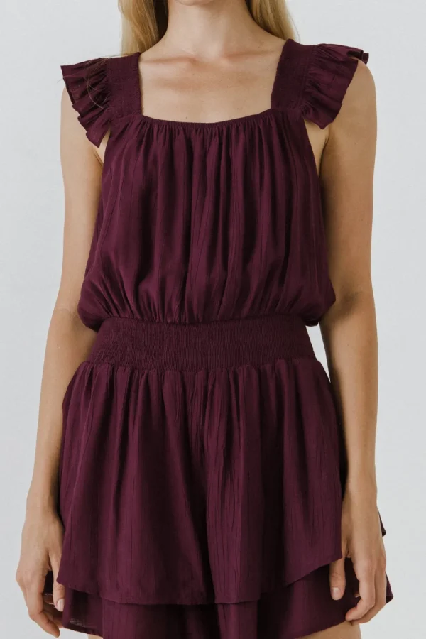 FREE THE ROSES Tops*- Ruffled Hem Romper BURGUNDY