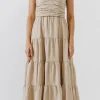 FREE THE ROSES Boho Dresses | Strapless*- Strappy Draped Linen Dress BEIGE