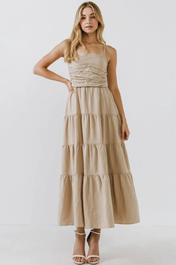 FREE THE ROSES Boho Dresses | Strapless*- Strappy Draped Linen Dress BEIGE