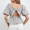 FREE THE ROSES Tops*- Sweetheart Neckline Floral Tie Back Top BLUEMULTI