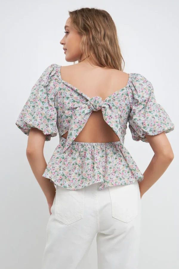 FREE THE ROSES Tops*- Sweetheart Neckline Floral Tie Back Top BLUEMULTI