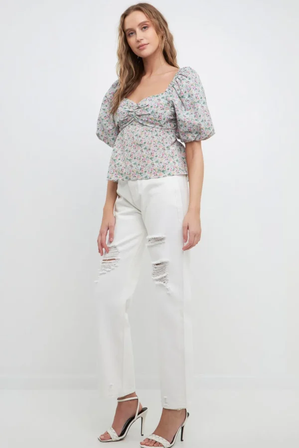 FREE THE ROSES Tops*- Sweetheart Neckline Floral Tie Back Top BLUEMULTI