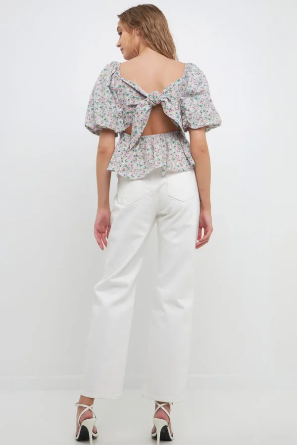 FREE THE ROSES Tops*- Sweetheart Neckline Floral Tie Back Top BLUEMULTI