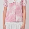FREE THE ROSES Shirts & Blouses | Tops*- Swiss Dot Tie Dye Ruffle Collared Puff Sleeve Blouse PINK/WHITE