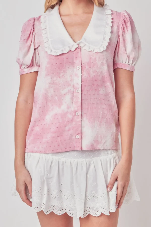 FREE THE ROSES Shirts & Blouses | Tops*- Swiss Dot Tie Dye Ruffle Collared Puff Sleeve Blouse PINK/WHITE