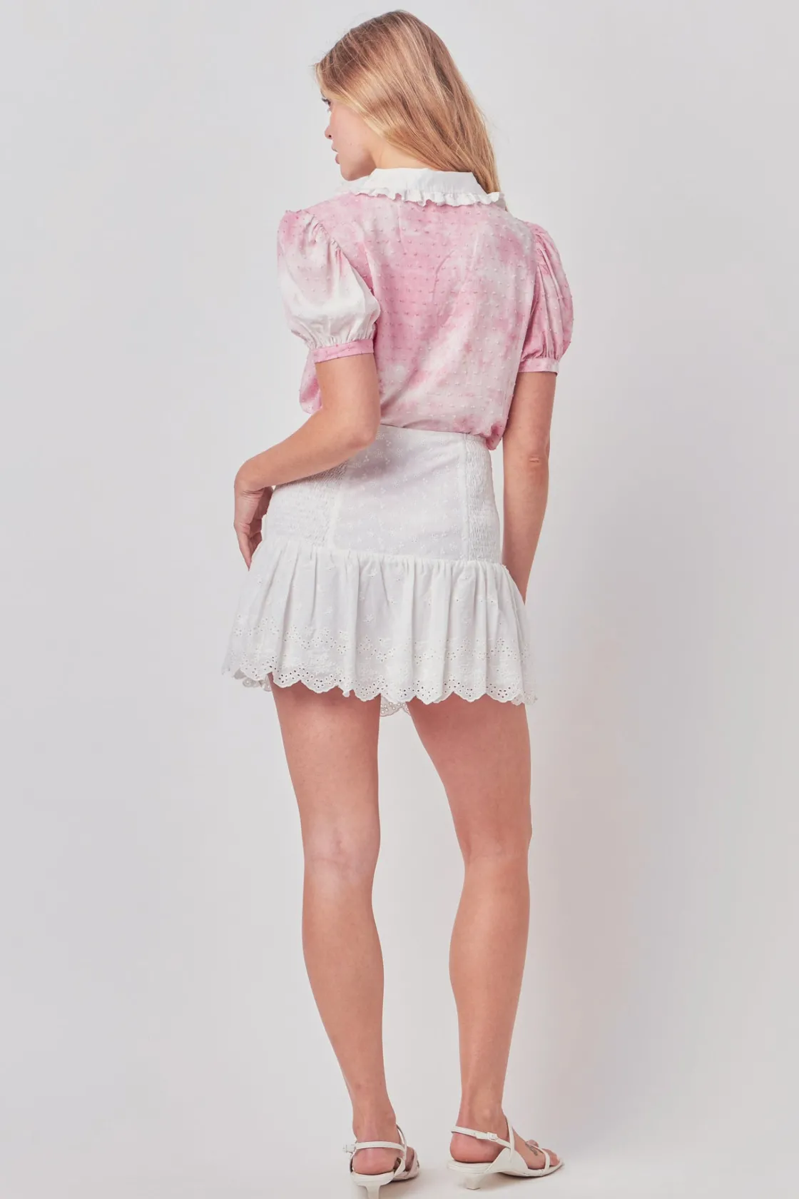 free_the_roses__swiss_dot_2.webp FREE THE ROSES Shirts & Blouses | Tops*- Swiss Dot Tie Dye Ruffle Collared Puff Sleeve Blouse PINK/WHITE