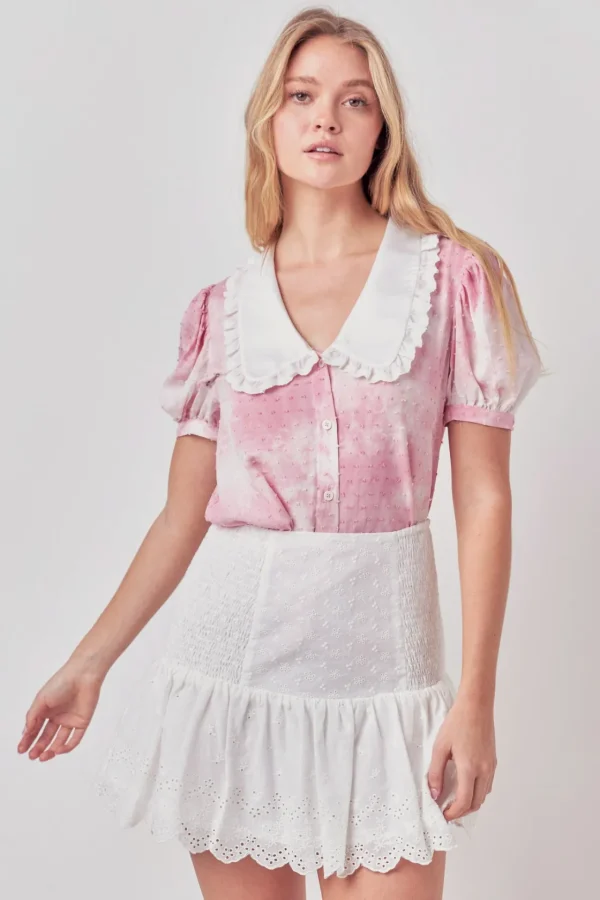 FREE THE ROSES Shirts & Blouses | Tops*- Swiss Dot Tie Dye Ruffle Collared Puff Sleeve Blouse PINK/WHITE