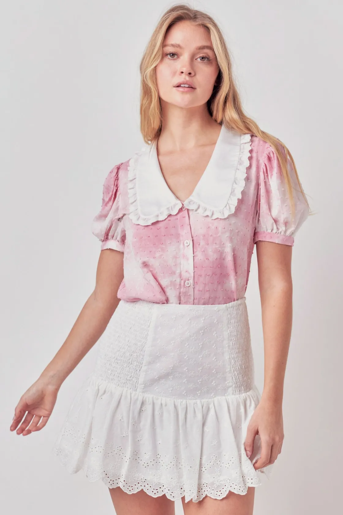 free_the_roses__swiss_dot_3.webp FREE THE ROSES Shirts & Blouses | Tops*- Swiss Dot Tie Dye Ruffle Collared Puff Sleeve Blouse PINK/WHITE