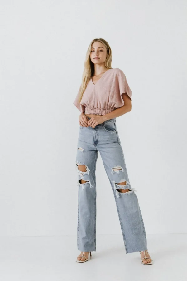 FREE THE ROSES Tops*- V-Neckline Cropped Top DUSTYPINK