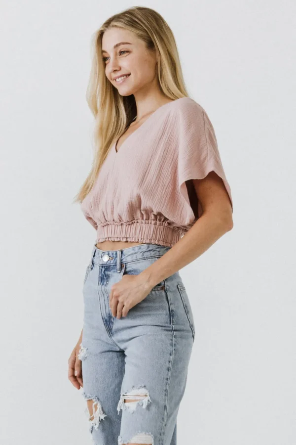 FREE THE ROSES Tops*- V-Neckline Cropped Top DUSTYPINK