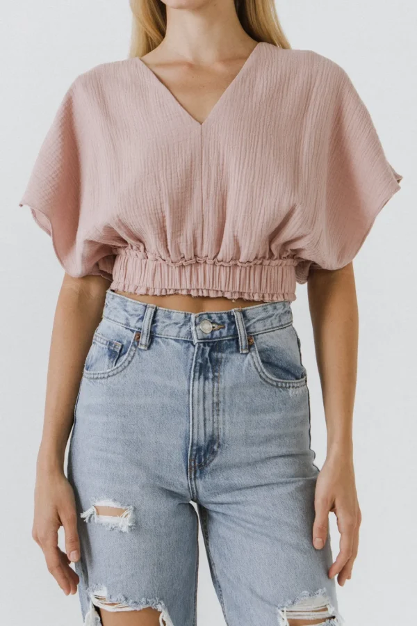 FREE THE ROSES Tops*- V-Neckline Cropped Top DUSTYPINK