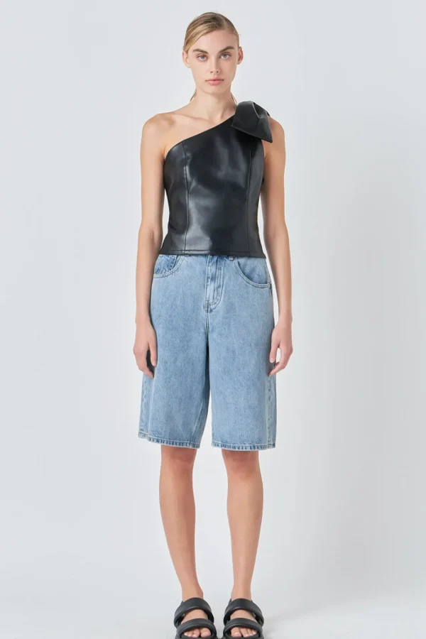GREY LAB Tops*- Asymmetric Faux Leather Top with Bow Tie BLACK