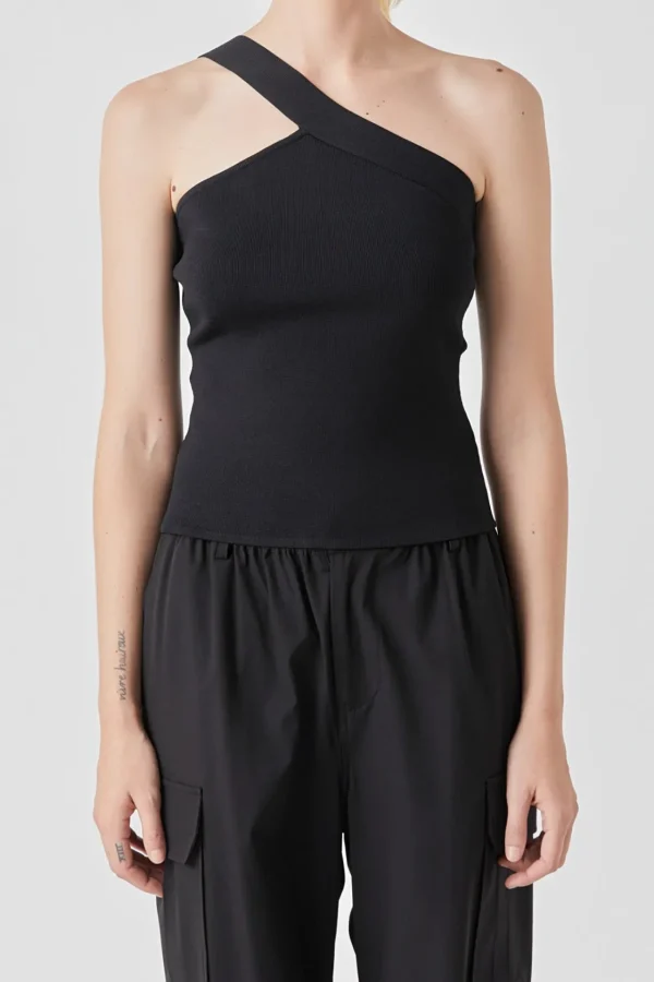 GREY LAB Sweaters & Knits*- Asymmetrical One-Shoulder Knit Tank Top BLACK