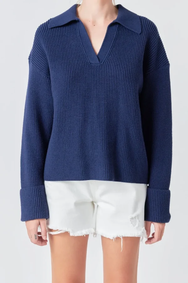 GREY LAB Sweaters & Knits | Tops*- Collar V neck Knit Top NAVY