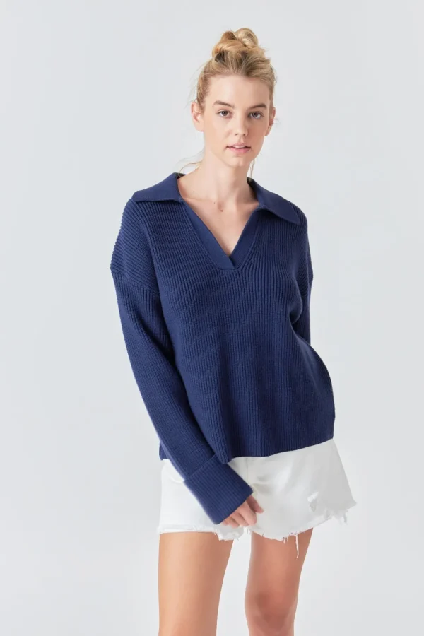 GREY LAB Sweaters & Knits | Tops*- Collar V neck Knit Top NAVY
