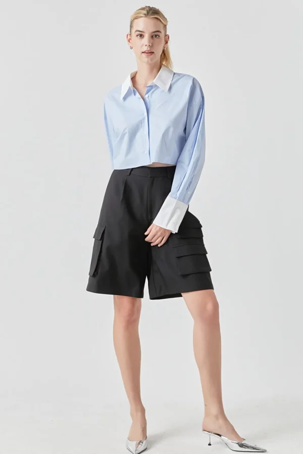GREY LAB Shirts & Blouses | Tops*- Cotton Cropped Contrast Shirt BLUE