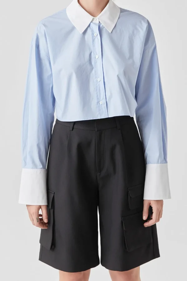 GREY LAB Shirts & Blouses | Tops*- Cotton Cropped Contrast Shirt BLUE