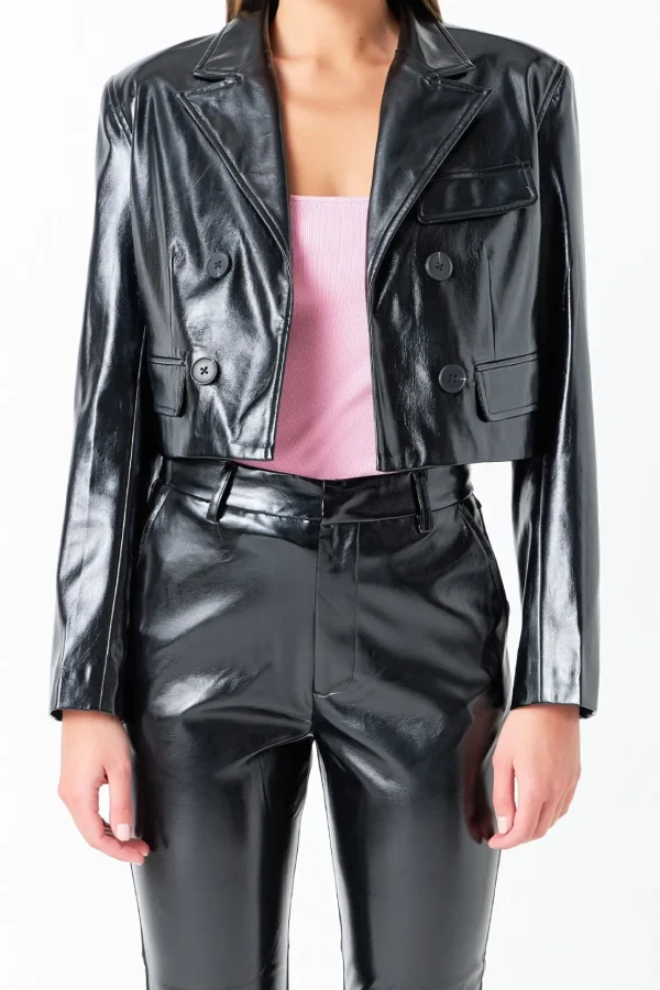 GREY LAB Jackets & Coats | Tops*- Cropped Faux Leather Jacket BLACK
