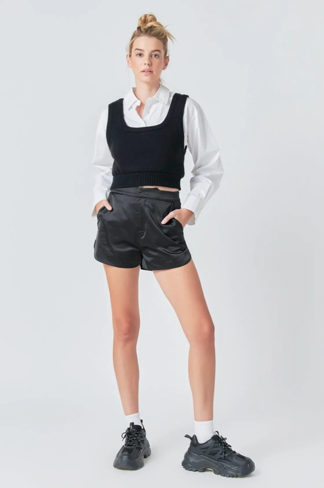 grey_lab__cropped_knit_to_0.webp GREY LAB Sweaters & Knits | Shirts & Blouses*- Cropped Knit Top Over Shirt BLACK/WHITE