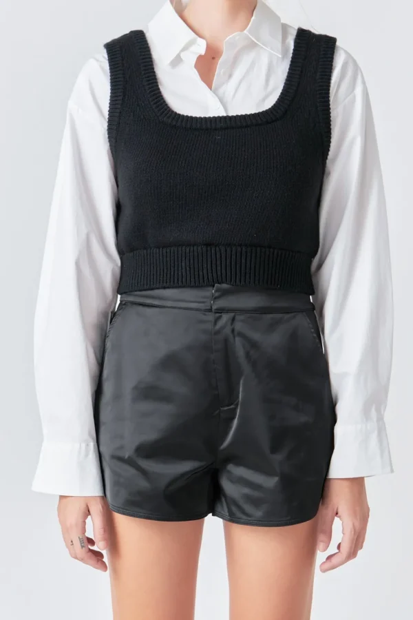 GREY LAB Sweaters & Knits | Shirts & Blouses*- Cropped Knit Top Over Shirt BLACK/WHITE