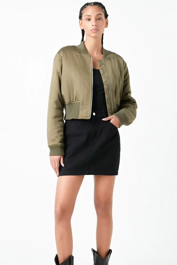 GREY LAB Jackets & Coats | Tops*- Cropped Satin Effect Bomber Jacket OLIVE