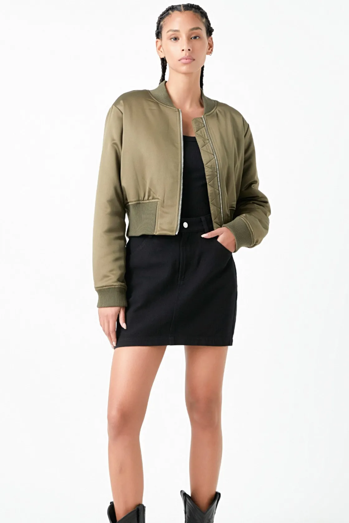 grey_lab__cropped_satin_e_2.webp GREY LAB Jackets & Coats | Tops*- Cropped Satin Effect Bomber Jacket OLIVE
