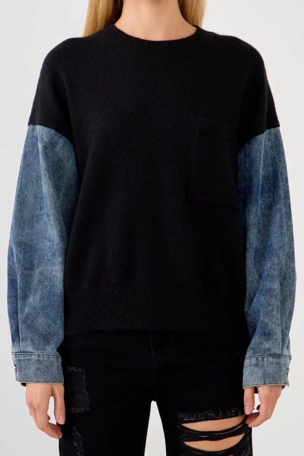 GREY LAB Sweaters & Knits*- Denim Combo Sleeve Sweater